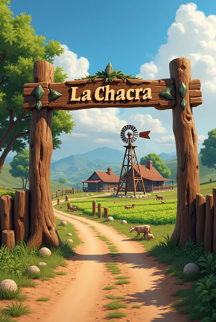 Wooden farm entrance sign that says La Chacra With a farm in the background with its animals, crops, house and a windmill