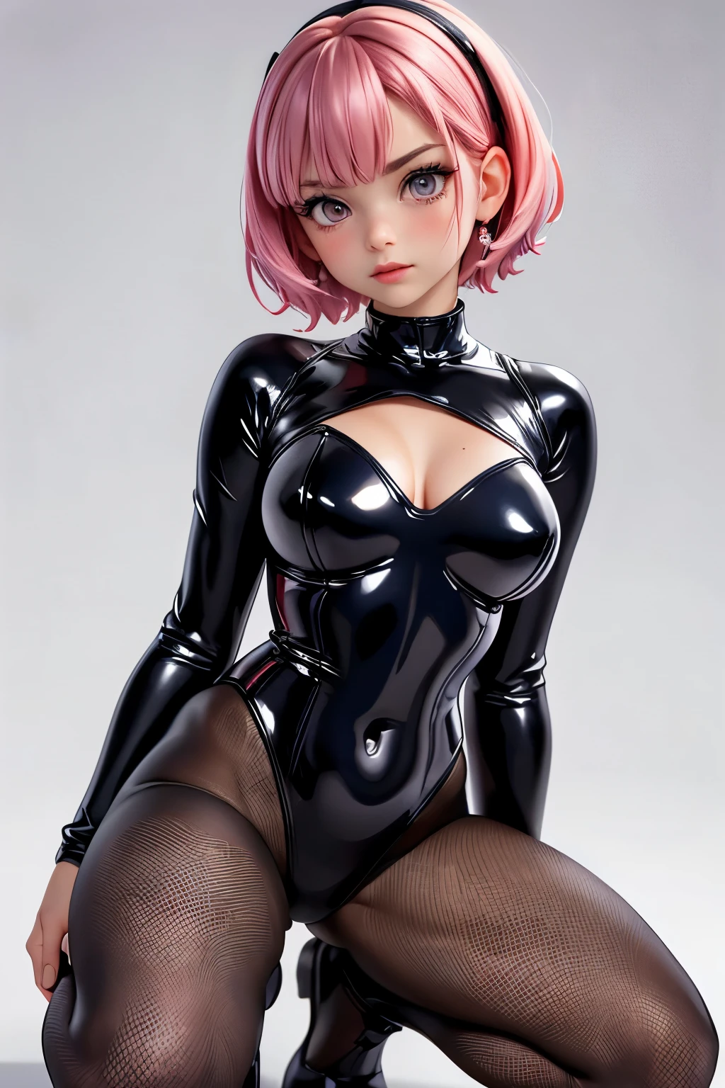 (highest quality:1.2), a 20-years-old girl is crouching there looking shy, aware from mind-control, Blush with embarrassment, very embarrassed, covering chest and crotch with hands, front view, looking herself,  a photorealistic cute gymnast, beautiful face, European face, heavily make-up face, noble face,  large eyes with heavy dark eyshadow, dark blue eyeline, bloody-red lip,closed mouth with surprised, shameful face, Short-cut pink hair, full body portrait, wearing long sleeve  leotard,tight-fitting and extra shiny black leotard, wearing fishnet bodysuits, wearing red belt
