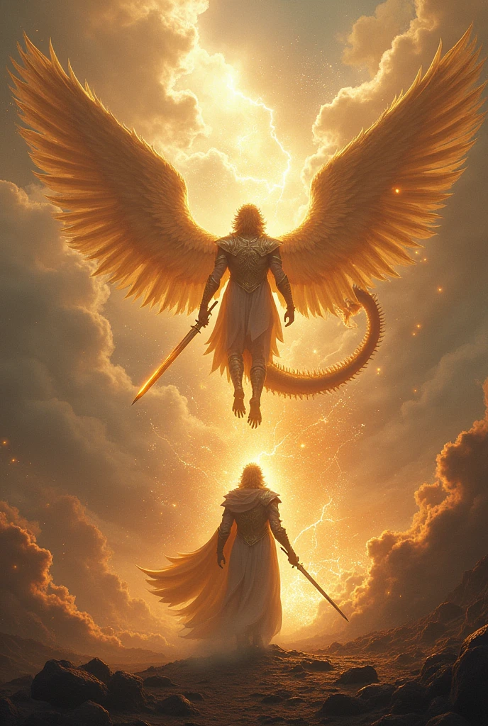 Battle between an archangel with a sword vs a dragon 