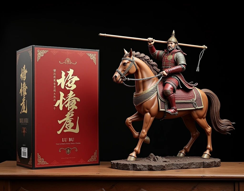 55cm high action figure of Warlord Lu Bu holding a halberd and riding a large brown-red horse. On the side is a 70cmx110cm red, gold and black packaging box with the text "(Warlord Lu Bu)" on a wooden table. The background is black.