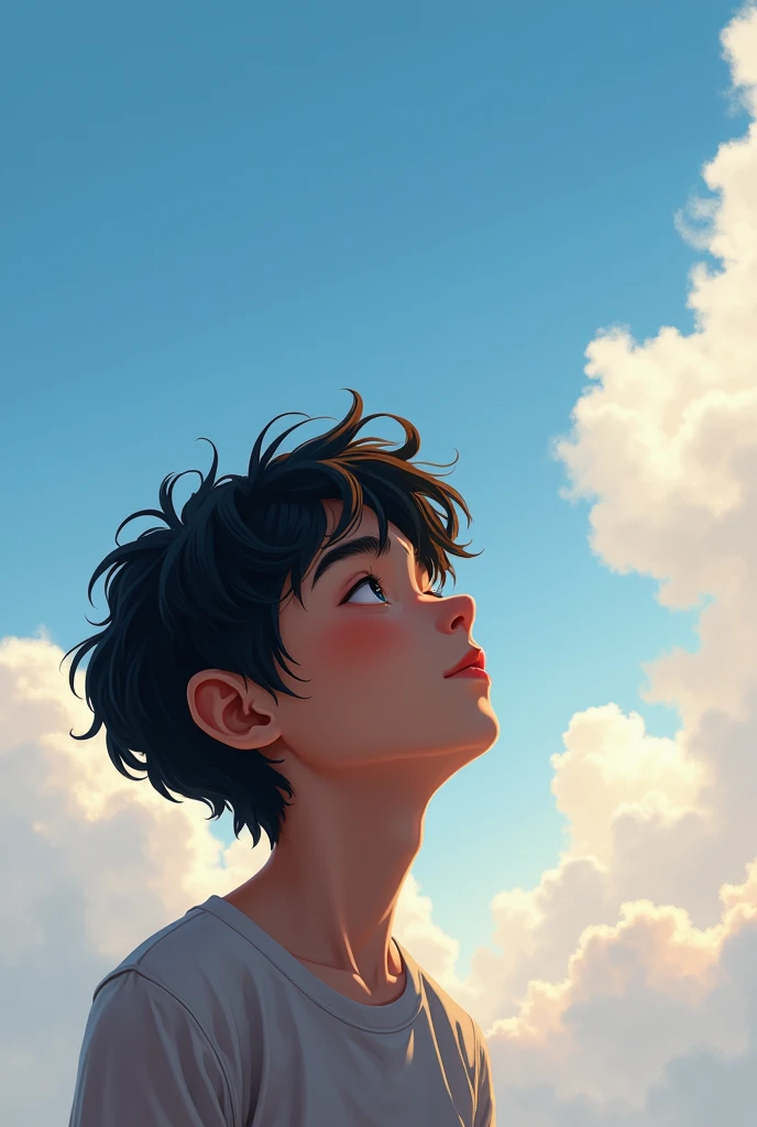 Create an image of a ager looking at the sky with his eyes closed. With wavy black hair, more masculine.