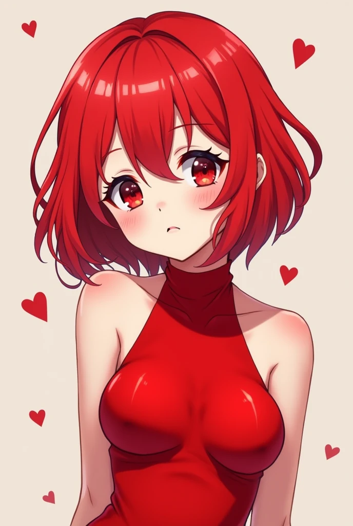 A cute and cool anime-like person with red hair and mash、Her clothes are red and her skin is white.