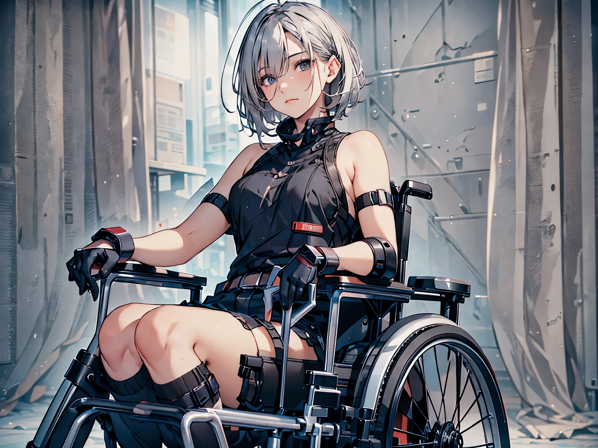 a 24 year old disabled woman in a reclining electric wheelchair, lying down, glaring, hair covering her eyes, heavy makeup, very short hair, silver hair, black camisole,shorts,piercing,loose socks, lace up boots, plastic arm brace, plastic leg brace, knee pad, elbow pad, (best quality,4k,8k,highres,masterpiece:1.2),ultra-detailed,(realistic,photorealistic,photo-realistic:1.37),HDR,UHD,studio lighting,ultra-fine painting,sharp focus,physically-based rendering,extreme detail description,professional,vivid colors,bokeh,portrait