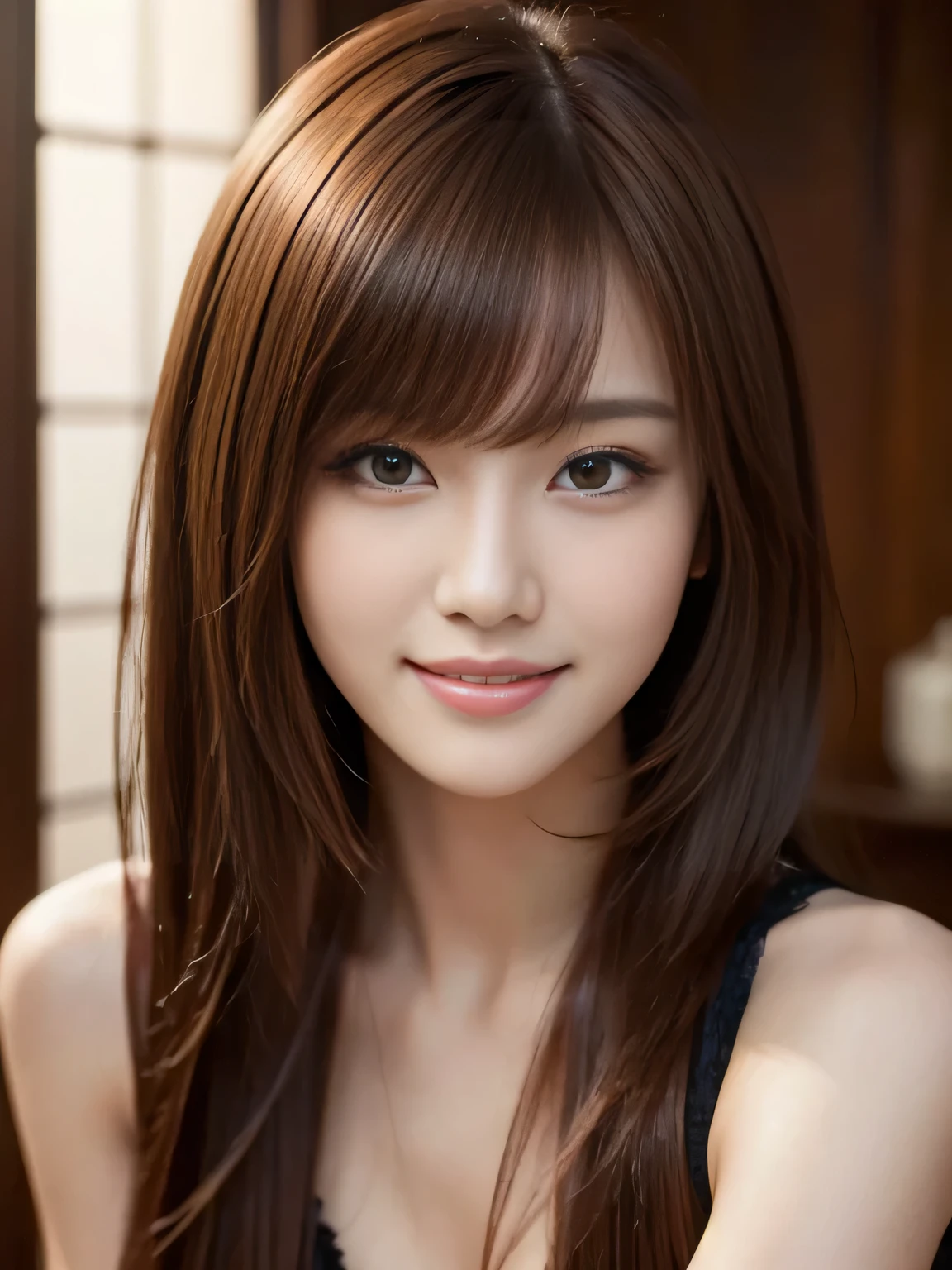 masterpiece, best quality, ultra-detailed, intricately detailed hyperdetailed, realistic, sharp features, highly detailed, sharp focus, Realistic, Photorealistic:1.3, (19 years old:1.3), perfect face, perfect symmetrically eyes, perfect full lips, hyper detailed, hyper realistic, high resolution, beautiful young Japanese woman, Slender, brown hair, Stylish, model poses, Beautiful Face, Red hair, asymmetrical bangs, (seductive smile:1.2), (looking at viewer), cinematic lighting,