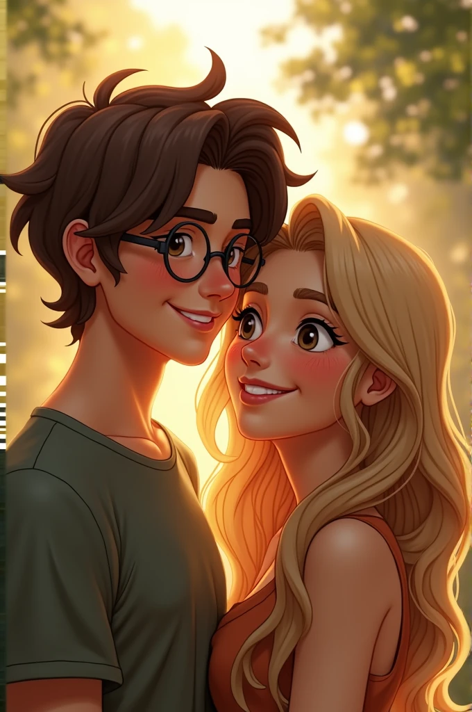 A couple where the boy has long, wavy hair, that he wears glasses and has a nice smile and that the girl has long blonde hair