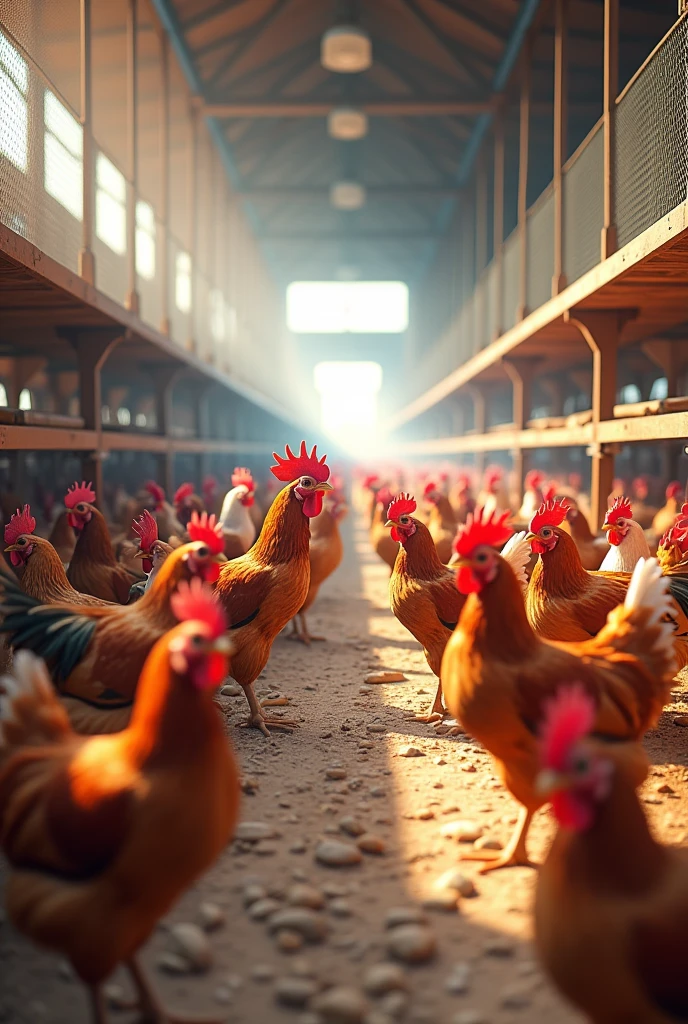 I want an image of a poultry production, an aviary, inside