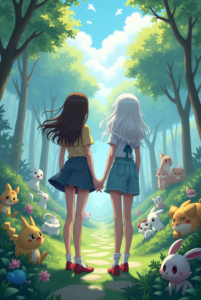 A pokemon landscape with two pretty girls, a straight brunette and a white-haired girl with brown hair and curls, both are the same height, both have long, loose hair, they are facing away from each other so their faces cannot be seen, they wear outfits inspired by the world of pokemon, the white girl has curls, pokemon characters around 