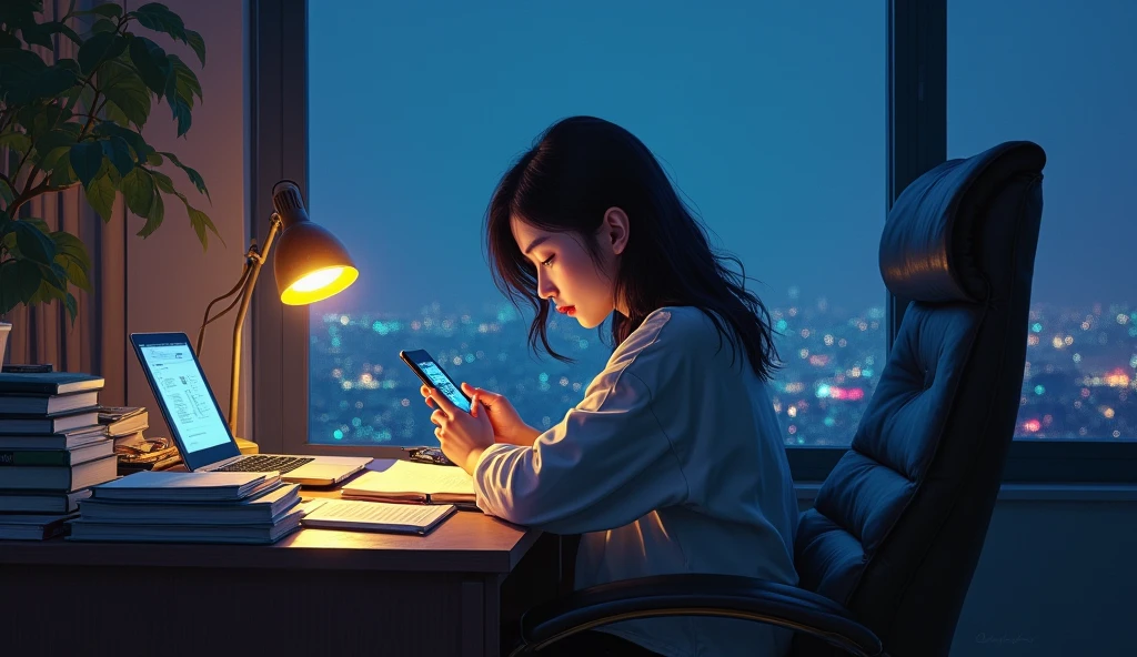 A stunning oil painting of a young beautiful Korean woman using her phone, beautifully portrayed with a lost and melancholic expression. In the soft glow of a study lamp, a she sits in her comfortable chair, surrounded by the organized chaos of study materials. Her desk is cluttered with open books, a laptop, and a mobile phone, each item a tool in her quest for knowledge. The window beside her at a distance, reveals the deep blue of night time, with the city lights faintly glimmering in the distance. The room is bathed in a warm, focused light that contrasts with the cool darkness outside, creating a serene, studious atmosphere., adding to the sense of unease. The painting exhibits a dream-like, impressionistic style, with visible brushstrokes that create a sense of depth and texture. The color palette primarily consists of deep purples, greys, and blacks, evoking a depressive atmosphere. side view