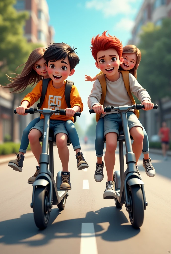 Dark-haired white boy carrying brown-haired white girl on electric scooter and red-haired white boy carrying brown-haired white girl on electric scooter