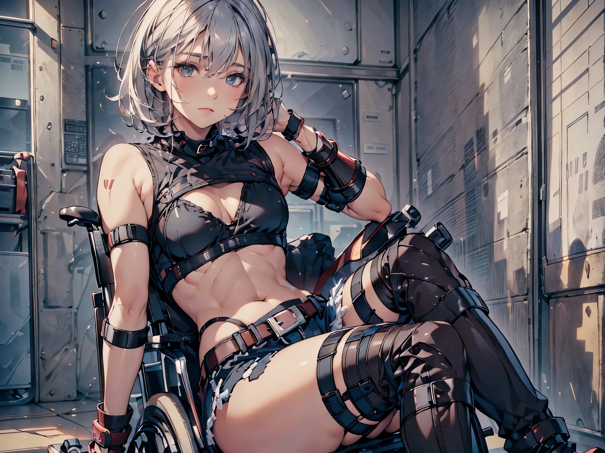 a 24 year old disabled woman in a reclining electric wheelchair, lying down, glaring, hair covering her eyes, heavy makeup, very short hair, silver hair, black camisole,shorts,piercing,loose socks, lace up boots, plastic arm brace, plastic leg brace, knee pad, elbow pad, (best quality,4k,8k,highres,masterpiece:1.2),ultra-detailed,(realistic,photorealistic,photo-realistic:1.37),HDR,UHD,studio lighting,ultra-fine painting,sharp focus,physically-based rendering,extreme detail description,professional,vivid colors,bokeh,portrait