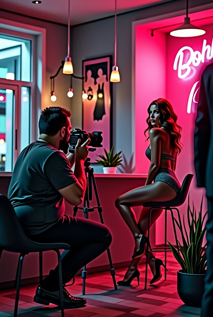 There is a 30-year-old photographer，Photographing a beautiful woman，Photographer with short hair, (slightly overweight), Sit at the bar，Directing a model,, Models wear sexy，In his studio, With camera, There are a lot of clothes and high heels in the closet，Popular on Art Station, Play Techno House Music, Music playing, listen to music,masterpiece