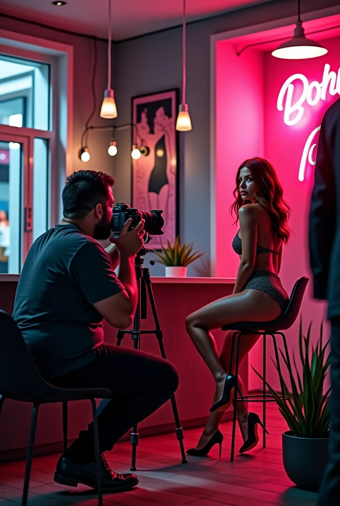 There is a 30-year-old photographer，Photographing a beautiful woman，Photographer with short hair, (slightly overweight), Sit at the bar，Directing a model,, Models wear sexy，In his studio, With camera, There are a lot of clothes and high heels in the closet，Popular on Art Station, Play Techno House Music, Music playing, listen to music,masterpiece