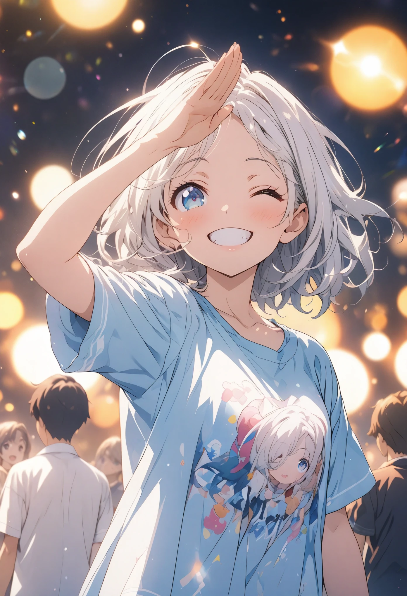 masterpiece, Highest quality, Highly detailed CG Unity 8K wallpapers, High School Girl Anime Illustration. Wear an oversized オフショルダー Tシャツ、salute、Big eyes, Double teeth, she has her eyes closed and mouth open, smile. short hair, White Hair, amount, Parted bangs, Bokeh, Written boundary depth