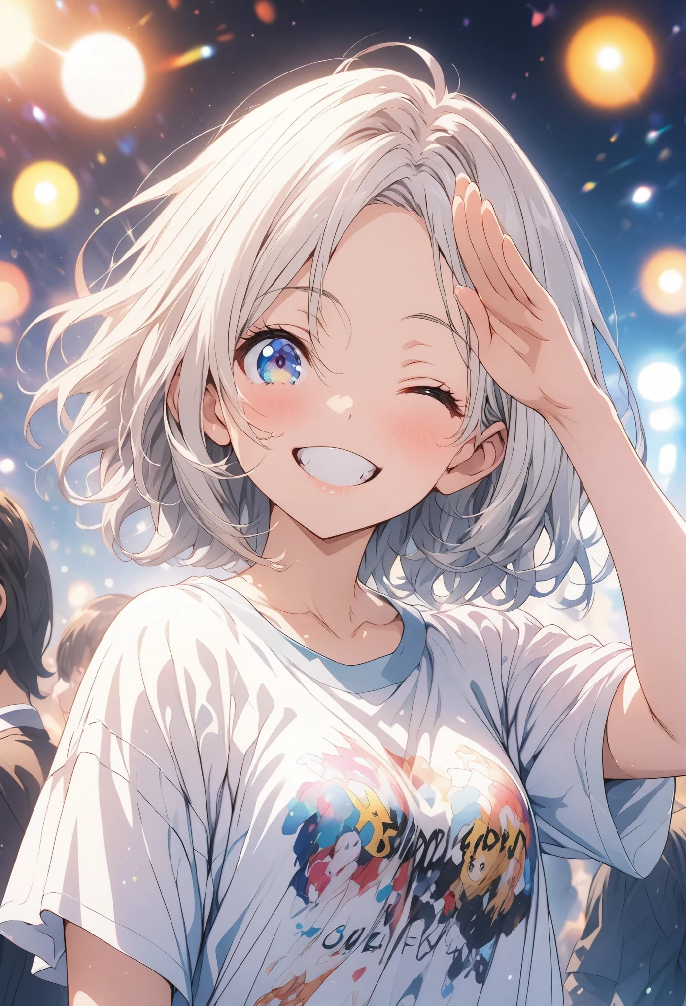 masterpiece, Highest quality, Highly detailed CG Unity 8K wallpapers, High School Girl Anime Illustration. Wear an oversized オフショルダー Tシャツ、salute、Big eyes, Double teeth, she has her eyes closed and mouth open, smile. short hair, White Hair, amount, Parted bangs, Bokeh, Written boundary depth