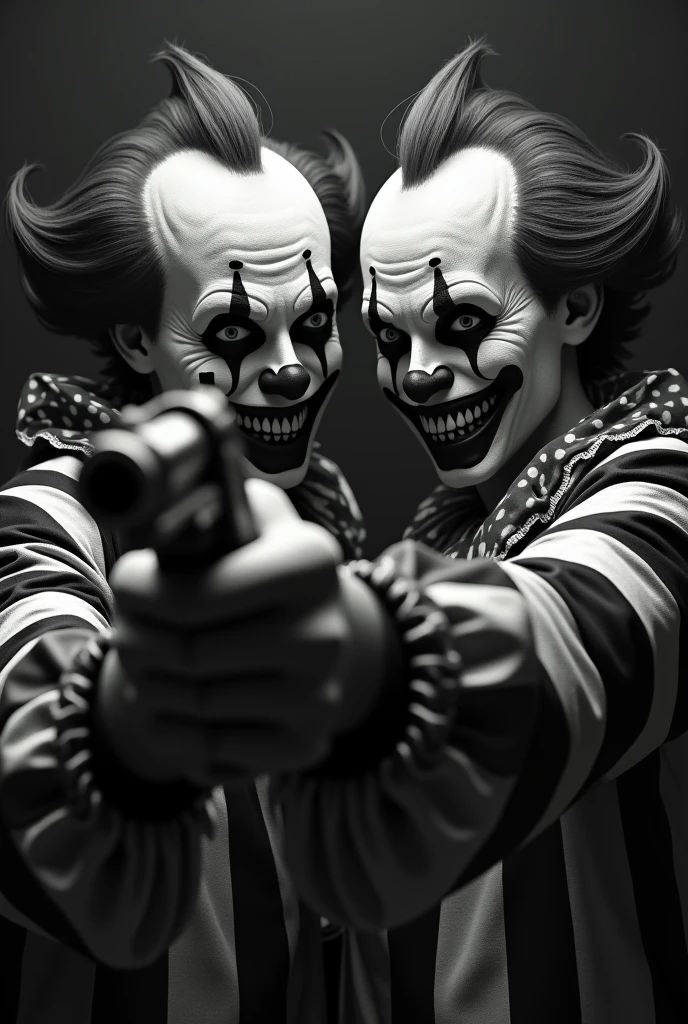 Black and white sinister clowns holding a .38 caliber revolver, 4K
