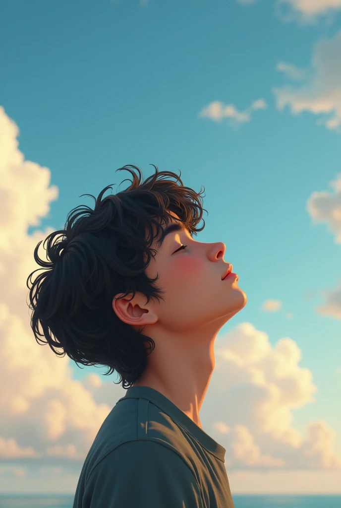Create an image of a teenager looking at the sky with his eyes closed. With wavy black hair, more masculine.