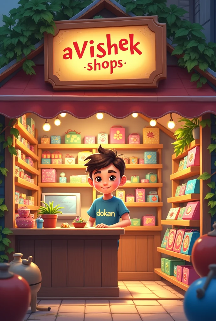 Create an image of a small gift shop with a signboard that reads 'AVISHEK-SHOPS' . The shop is filled with various gift items on display. The shopkeeper, standing behind the counter, is wearing a T-shirt with the word 'DOKAN ' written on it. The overall atmosphere of the shop is warm and inviting, with colorful decorations and neatly arranged gifts