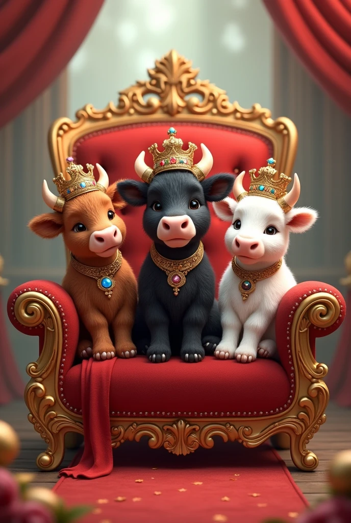 3 cute cows sitting on a throne wearing crown with fancy clothing