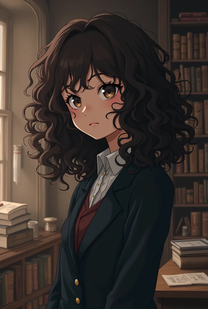 Girl with very curly dark brown hair with very curly bangs /Curly 90s anime version she must be 19 years old and wear dark academy clothes like studio glibli