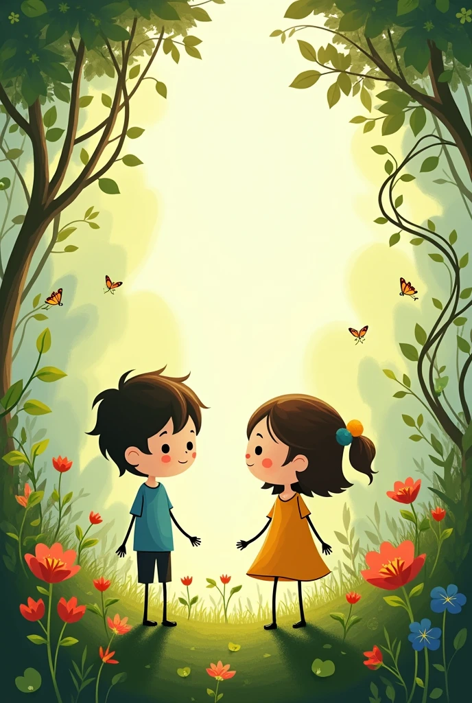 two kids, boy and girl, in a stick figure, in a garden setting