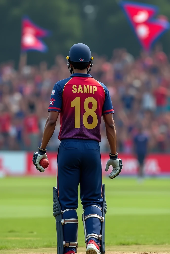 Samip with gercy no 18 standing in cricket pitches with nepali cricket bluish red jersey carrying a cricket ball bowlling a batsman and background of nepali croud carrying national flag