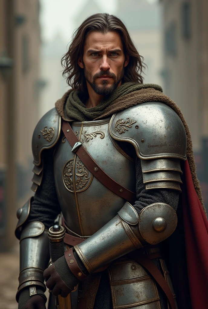 Short Italian soldiers, 27 years old, long brown hair, gray eyes, wearing robust medieval armor. The soldier holds a war sword
