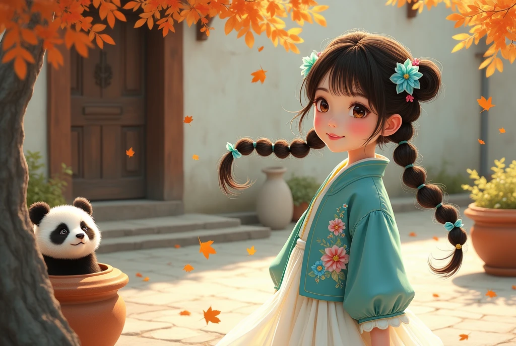 A charming young girl in traditional East Asian attire, Chinese style ink painting, featuring a turquoise jacket with floral patterns and a flowing white skirt. She has two playful braids adorned with delicate blue flowers. The scene is set in a serene courtyard with a rustic wall and a wooden door, where a small, adorable panda peeks out from behind a flower pot. Gentle autumn leaves are falling around, adding a whimsical touch to the atmosphere, illuminated by soft, warm sunlight casting gentle shadows on the ground.
