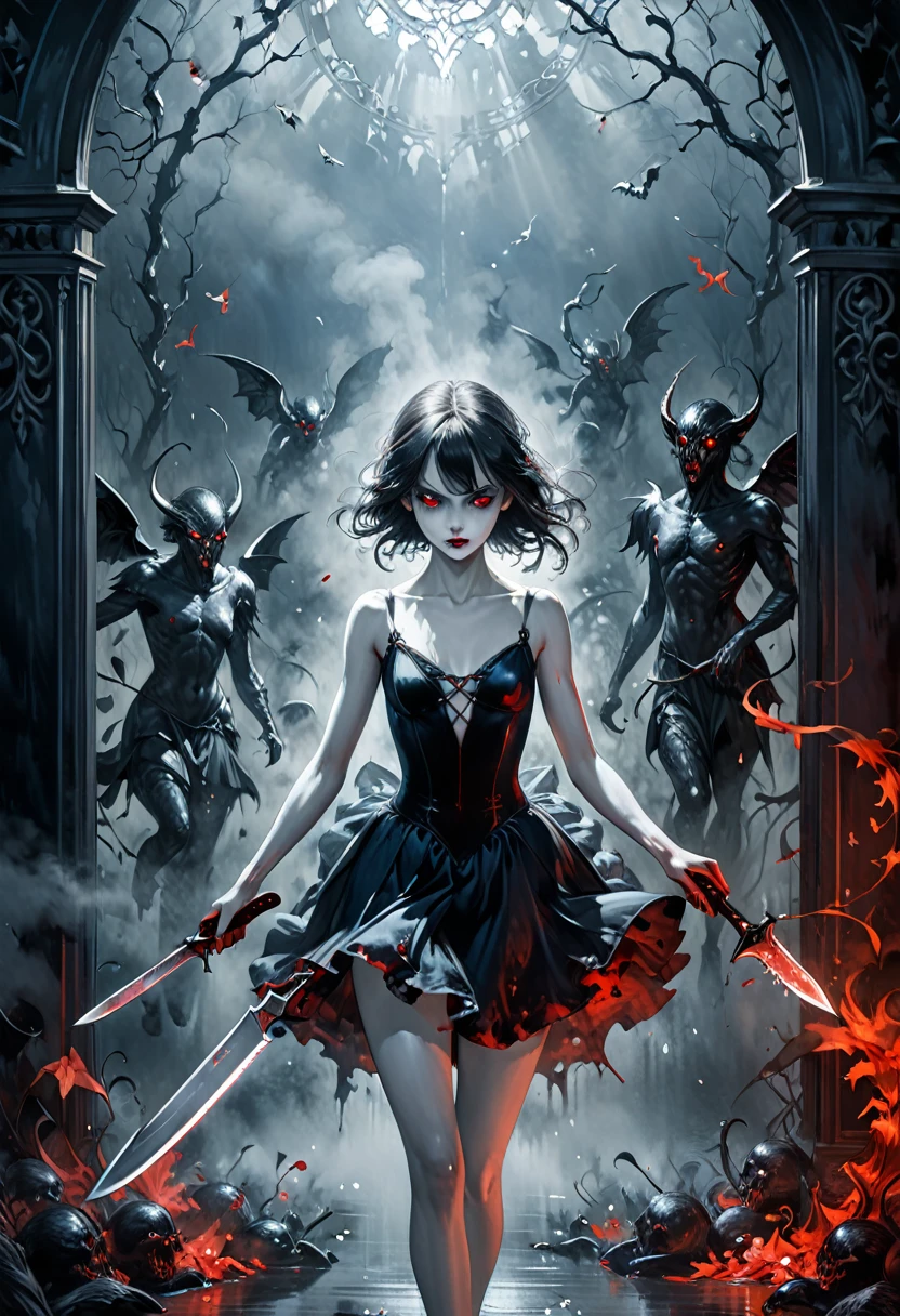 ((Very nice humanoid character young girl)), ((with red eyes of horror)), She is creepy, She is super beautiful, ((Impact meaning - very angry_sexy)), holding a kitchen knife, She is thin, evokes fear, horror, dark, unusually subtle, subtle. Blue fog, evil eye, Glowing eyes, (She is wearing a black ballet dress, short torn.), Located in a park, autumn weather, Cold, Night time, She is in the air, floating, covered in blood, floating, above the ground, 1600s years 02_ Environment in the style of oil painting Art Nouveau, Italian Renaissance masters. A gloomy picture of a battle between an angel warrior and demonic creatures. Luscious oil painting with broad strokes, high detail, pure white skin in the center of the composition. Painting by Bosch, stories by Dante Aligheri, “Divine Hell-Paradise”, chronicles of vampires by Brian Lumley. 02_ High image quality, 4K | Ultra HD | Full HD, cinematic rendering, 3D visualization - a masterpiece, TOP computer graphics ART. Unreal 8K engine, motion capture, dark lighting, strong shading, warm shadows - cool backlight, high detail. (vivid, photorealistic, dramatic, dark, sharp focus, 8K). High detail textures, materials, stone, metal. (shades of gray, red, black, elements, metallic shine, red fire) Film grain, dust and particles in the air.