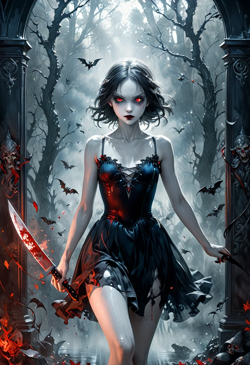 ((Very nice humanoid character young girl)), ((with red eyes of horror)), She is creepy, She is super beautiful, ((Impact meaning - very angry_sexy)), holding a kitchen knife, She is thin, evokes fear, horror, dark, unusually subtle, subtle. Blue fog, evil eye, Glowing eyes, (She is wearing a black ballet dress, short torn.), Located in a park, autumn weather, Cold, Night time, She is in the air, floating, covered in blood, floating, above the ground, 1600s years 02_ Environment in the style of oil painting Art Nouveau, Italian Renaissance masters. A gloomy picture of a battle between an angel warrior and demonic creatures. Luscious oil painting with broad strokes, high detail, pure white skin in the center of the composition. Painting by Bosch, stories by Dante Aligheri, “Divine Hell-Paradise”, chronicles of vampires by Brian Lumley. 02_ High image quality, 4K | Ultra HD | Full HD, cinematic rendering, 3D visualization - a masterpiece, TOP computer graphics ART. Unreal 8K engine, motion capture, dark lighting, strong shading, warm shadows - cool backlight, high detail. (vivid, photorealistic, dramatic, dark, sharp focus, 8K). High detail textures, materials, stone, metal. (shades of gray, red, black, elements, metallic shine, red fire) Film grain, dust and particles in the air.