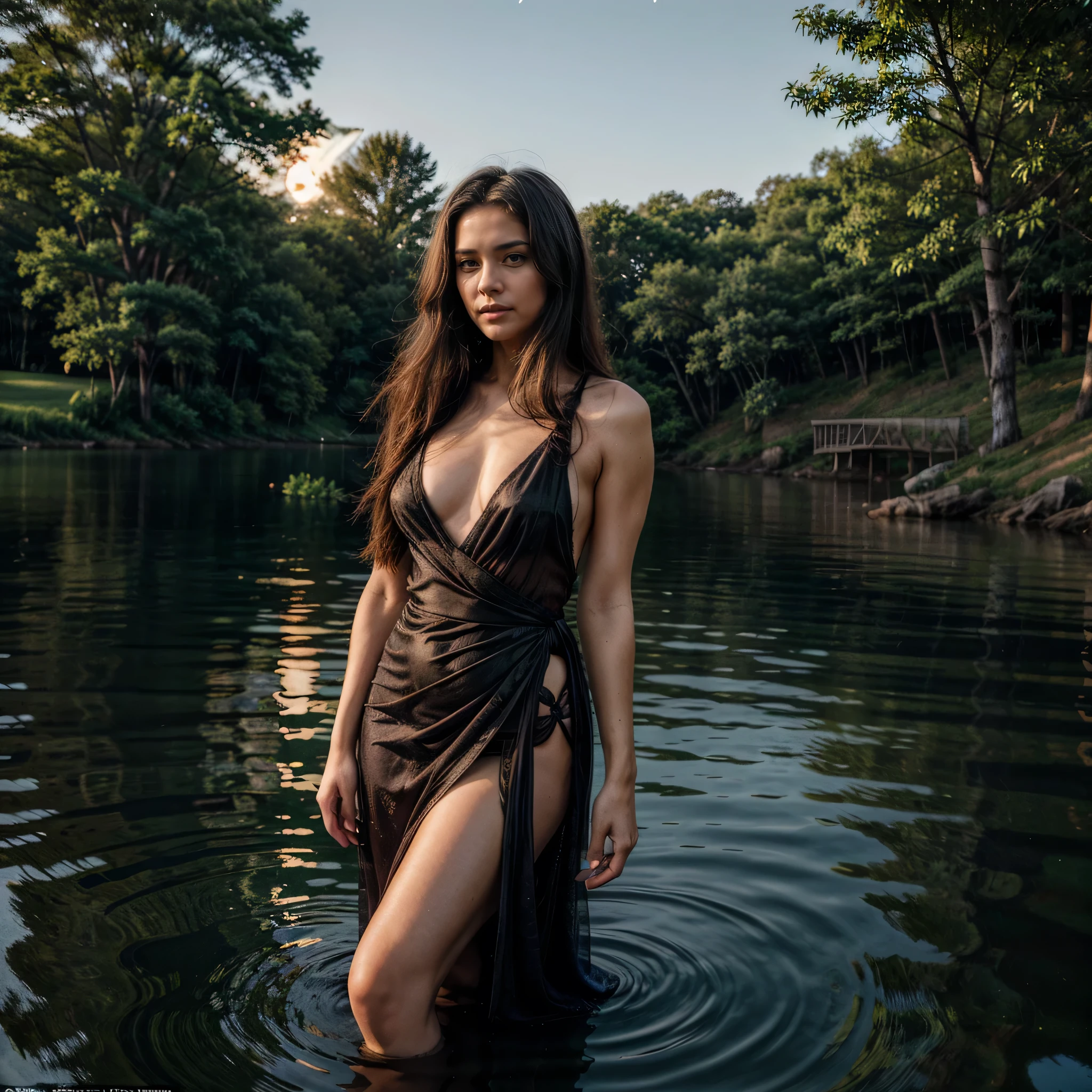 A 35-year-old woman standing confidently in an elegant evening gown on the edge of a serene lake during twilight. She gazes thoughtfully across the water, with the soft glow of the moon reflecting on the lake's surface. Her pose is graceful, with one hand gently resting on her waist and the other lightly touching her neck, highlighting her refined beauty. The camera captures her from a slightly elevated angle, emphasizing her silhouette against the tranquil water. The background features tall, shadowy trees, delicate ripples on the lake, and faint stars beginning to appear in the deepening sky. Photographed with an 85mm lens, the image merges her elegance with the peaceful ambiance of nature. High details, high quality, textured skin, anatomically correct.