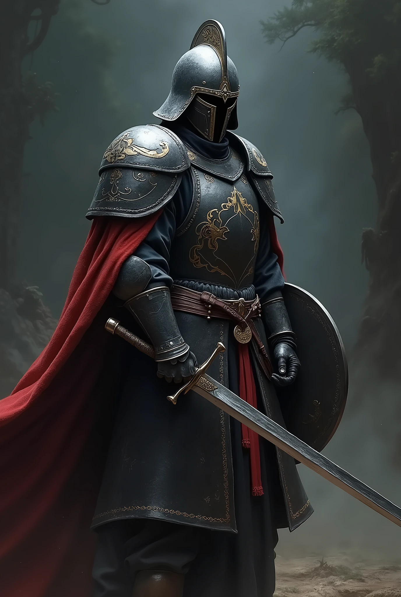 In the dark environment, a fierce Mongolian warrior stands ready for battle, face obscured by his helmet, as if embodying the spirit of death and fear. Soft side lighting casts a subtle glow on the armor, accentuating the intricacies of the blackened design. The warrior's elegant Mongolian armor shines with a metallic sheen, complemented by the round shield and shining sword held at the ready. The masterful painting style, reminiscent of Anders Zorn and Aleksi Briclot, transports the viewer to a realm of realism and intimidation, as if gazing upon a highly detailed oil on canvas masterpiece.
