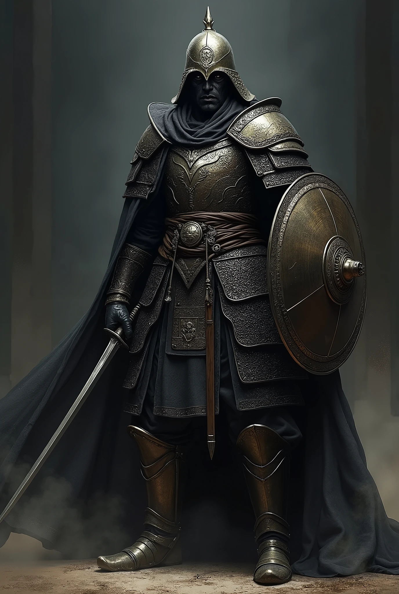 In the dark environment, a fierce Mongolian warrior stands ready for battle, face obscured by his helmet, as if embodying the spirit of death and fear. Soft side lighting casts a subtle glow on the armor, accentuating the intricacies of the blackened design. The warrior's elegant Mongolian armor shines with a metallic sheen, complemented by the round shield and shining sword held at the ready. The masterful painting style, reminiscent of Anders Zorn and Aleksi Briclot, transports the viewer to a realm of realism and intimidation, as if gazing upon a highly detailed oil on canvas masterpiece.
