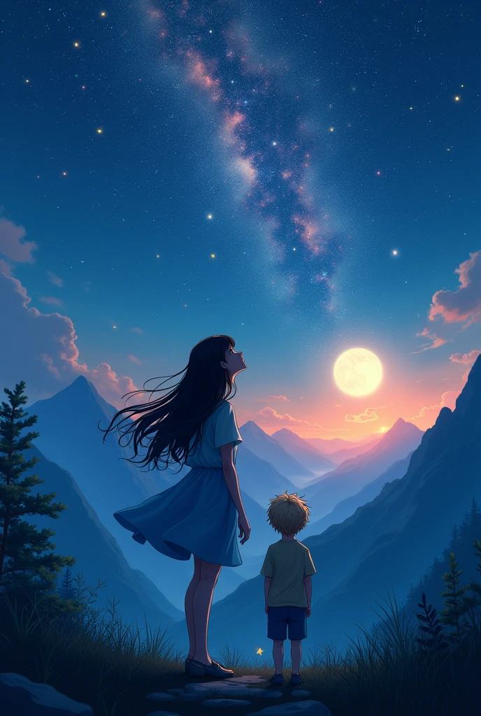 Realistic A girl from behind with bangs, long black hair and her son from behind, , blond, slightly voluminous hair, both are on a mountain watching the moon with the sky full of colorful stars.