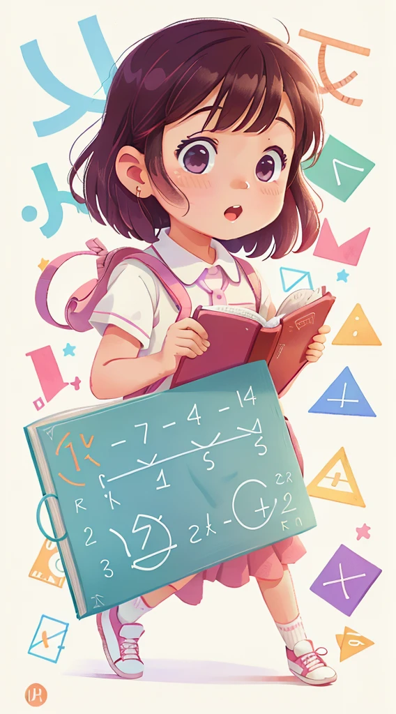 Book cover, busy book for kids, kids playing mathematics, math symbols, pastel color, white kids,