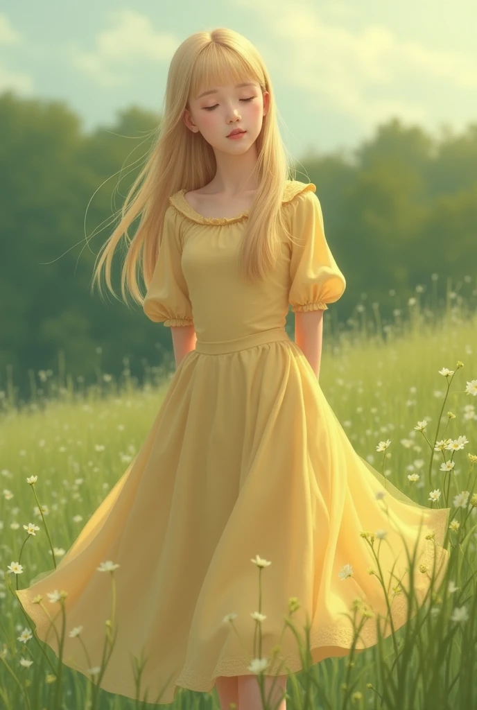 A sixteen-year-old girl stands with her eyes closed, exuding a serene and peaceful aura. Her straight blond long hair frames her face softly, and she wears a light yellow dress with round, puffy sleeves that enhance her delicate, youthful appearance. The soft fabric of her dress and her tranquil pose suggest a moment of calm and introspection, as if she’s savoring a gentle breeze or a cherished memory. The background is a green field. 