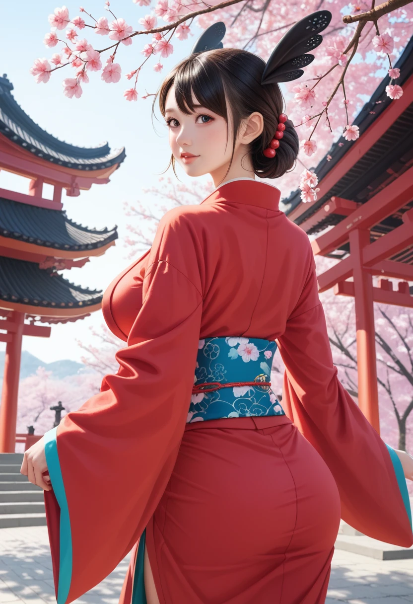 score_9,score_8_up,score_7_up,Cute 20-year-old Japanese 1 girl,solo,toothless smilev,emphasizing her curvy body and large breasts,A beauty in a vibrant red kimono, gracefully looking back over her shoulder, background of cherry trees in full bloom