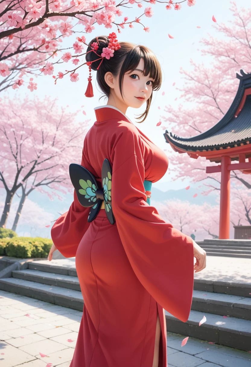 score_9,score_8_up,score_7_up,Cute 20-year-old Japanese 1 girl,solo,toothless smilev,emphasizing her curvy body and large breasts,A beauty in a vibrant red kimono, gracefully looking back over her shoulder, background of cherry trees in full bloom