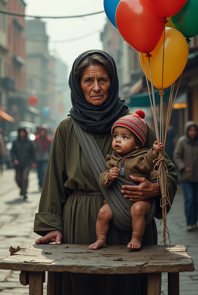 A poor lady with his baby selling balloons   realistic images different perspective 