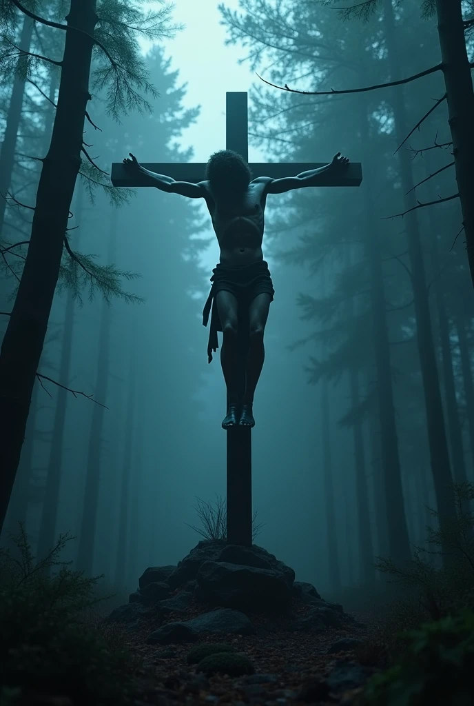 (((masterpiece))), (((Highest quality))), ((Very detailed)), (photograph), (photo:1.2) of a Man alone with arms outstretched and both hands nailed to a Christian cross, the man is crucified on the cross. He is in the middle of a gloomy and terrifying forest at night. Photorealistic style. Intricate details, shimmering, sparkling, iridescent, mesmerizing, dreamlike, ethereal, cinematic lighting, dramatic shadows, vibrant colors, soft focus, hyper realistic, masterpiece. 
[Entire scene is surrounded by mist, evoking a mysterious and eerie atmosphere. The lighting is dark and atmospheric, with smoke and fog adding a touch of sinister ambiance. Best quality image, HDR enhancement, showcasing the utmost level of detail and realism]. [8K, Best Quality, Ultra High Resolution, (highly detailed CG unity 8k wallpaper), (best photo), (best shadows), isometric 3D, octane rendering, ray tracing, highly detailed, (Best quality, 4K, 8k:1.2), absurdity, ultra detailed, (realistic, photorealistic, photorealistic:1.37), complex parts, HDR, (complex parts:1.12), (hyper detailed, hyper realistic, Soft lighting, spicy:1.2), (complex parts, Hyper detailed:1.15). Blurred foreground. (backlit), masterpiece, high quality, brightness, chromatic aberration, foggy smoke, shadows, contrast, (warm hue, warm tone), high details, natural reflections]. many details. Cinematic lights. photo.