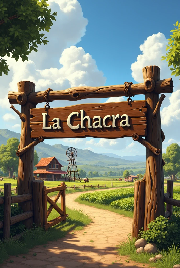 Wooden farm entrance sign that says La Chacra With a farm in the background with its animals, crops, house and a windmill