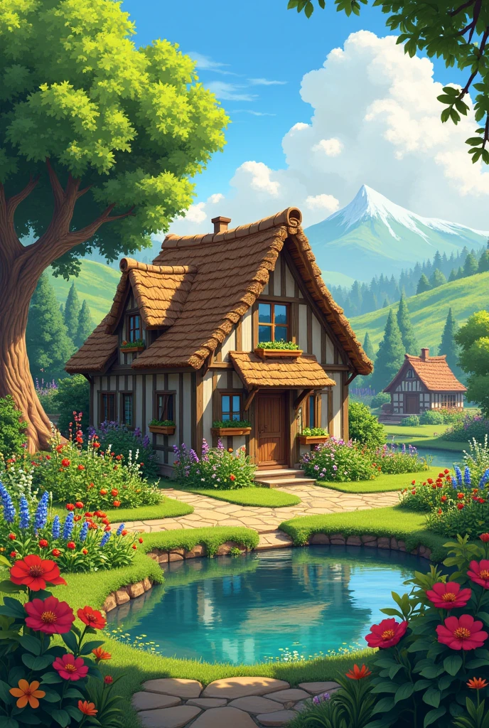 Village house with flower garden, kitchen garden, fruit garden, pond and tree house