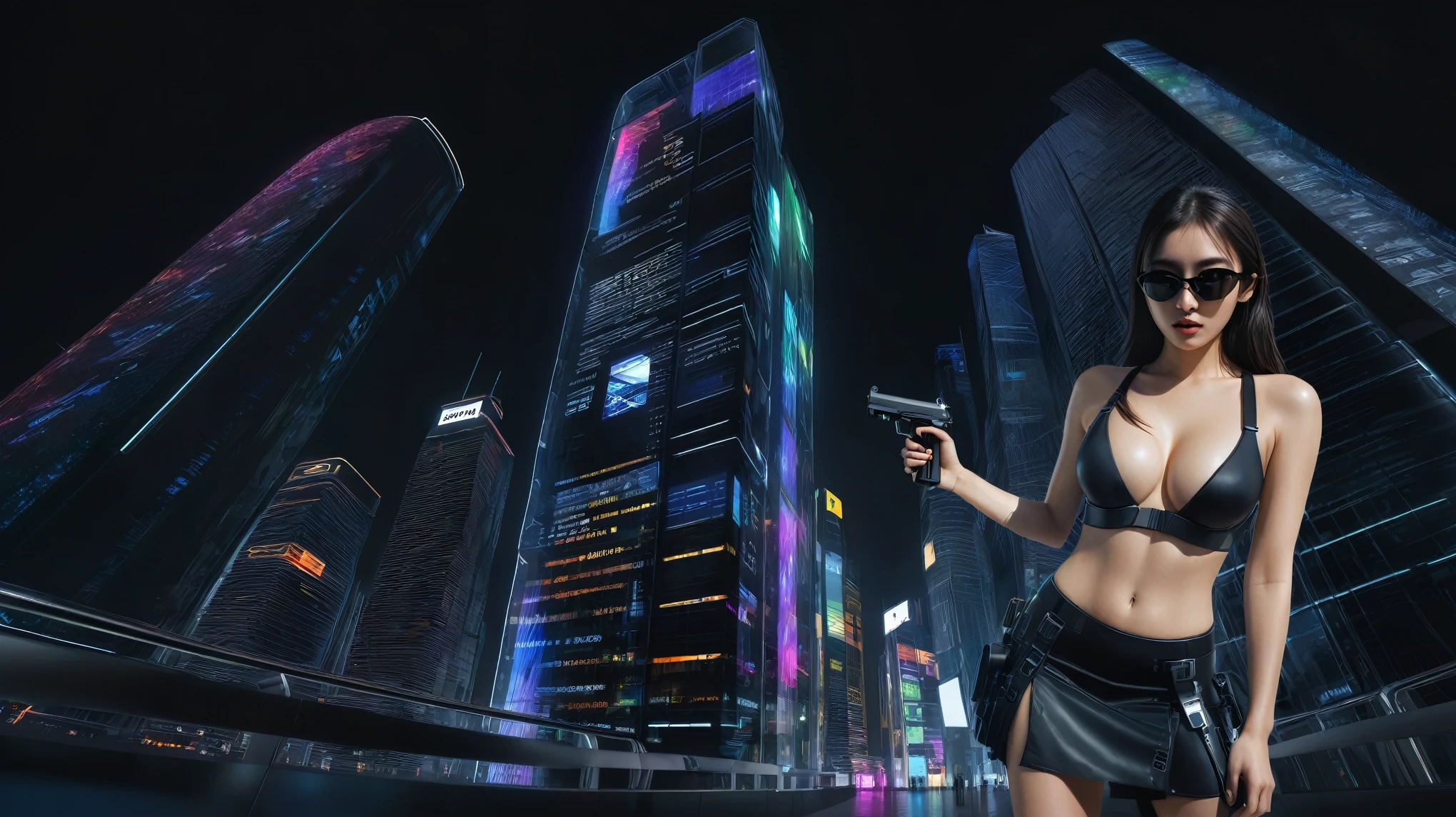 (Low angle view). A futuristic sci-fi all-glass city, tall neon buildings, transparent elevator, 1 drone. High-resolution OLED GUI interfaces in the building, The windows are filled with transparent data visualization infographics that show it all, from weather patterns to traffic flow, Matrix cascading code. Colors are saturated and vibrant. At night, (1girl, solo), photo realistic, medium-breast:1.3 slim body, cleavage, sexy costume, miniskirt, (matrix style black sunglasses, holding a short gun), half-body thigh level medium shot, cinematic lighting, ray tracing.