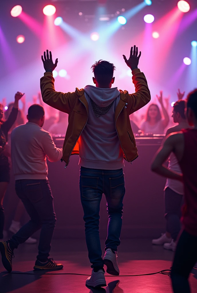 A man who has a dj operator behind him so many people dancing and lights he wears dancing costumes with chain on neck with a hoody with wearing hoodie amd dancing with hands
