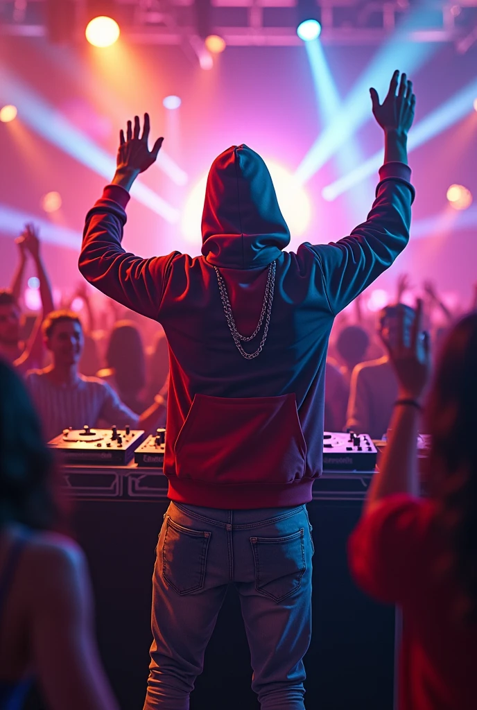 A man who has a dj operator behind him so many people dancing and lights he wears dancing costumes with chain on neck with a hoody with wearing hoodie amd dancing with hands