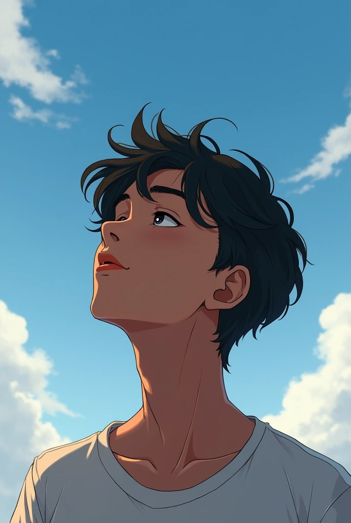 Create an image of a ager looking at the sky with his eyes closed. With wavy black hair, more masculine and brown skin color.