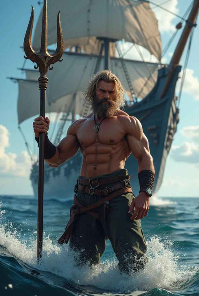 a sailor, skin fair, shirtless with defined abs, medium hair and beard, Holding a trident in his hand, in the background a black pirate ship