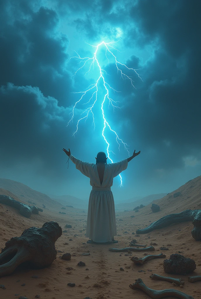 A desert landscape with dry bones scattered across the ground. The sky with dark clouds and an apparent storm without rain, coming out of the middle of a vibrant blue part of the sky a flash reaching the ground. A man with his arms and head raised to the sky in the middle. Making everything realistic and magical