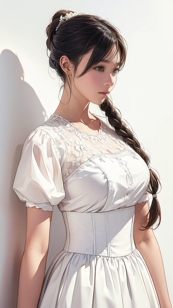 (((Simple configuration)))、(((The background is a white wall:1.2)))、Large Breasts、corset、Perfect Anatomy、絵のようにbeautiful、sketch、Very delicate、Cloud-like wall、French Braid、carefully drawn hair、Floral、Delicate depiction、Abstract、Bright colors overall、Gentle color、Taisho Romance、(masterpiece、Highest quality、Highest quality、Official Art、beautiful, beautiful:1.2)、To NFSW:1.4