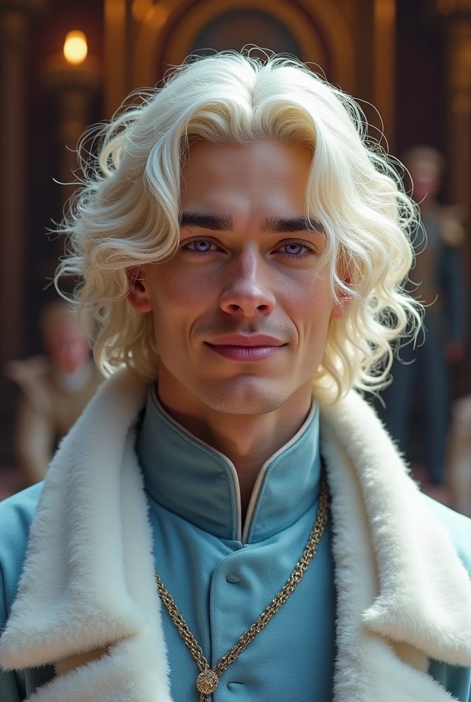 A handsome Aesthetic Targaryen Prince with sharp face, he's so masculine, he's so handsome, platinum blonde long curly hair, purple eyes, he's wearing a pale blue Velvet prince outfit with white large collar, He's smiling, freckles on face,a shining warm royal Ceremony background, photorealistic