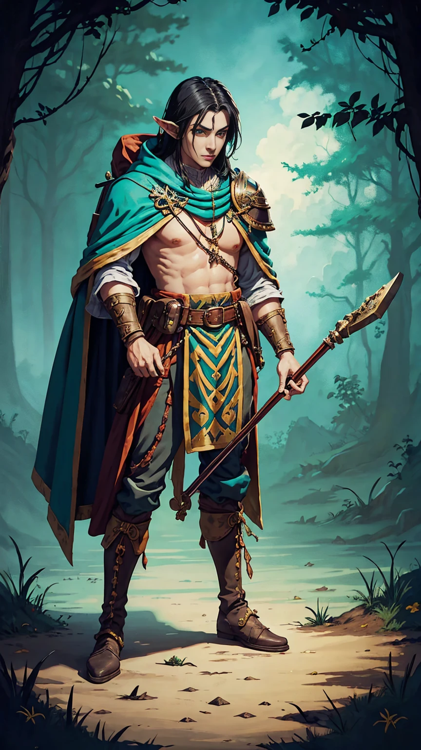 warhammer fantasy roleplay art style , high elf, court jester costume, black hair, turquoise eyes, full body, wearing backpack with bedroll, belt pouch, cloak, violin over shoulder